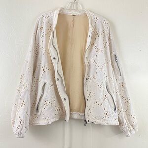 Free People Size Medium Ivory Beige Floral Eyelet Lace Zip-up Full Sleeve Jacket